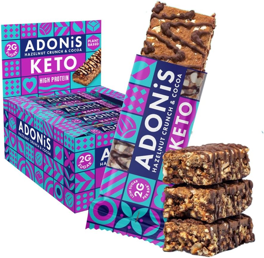 Adonis Hazelnut Crunch & Cocoa High Protein Keto Bars (16x45g) | Vegan & Keto-Friendly | 100% Natural Keto Snacks | Sugar Free, Palm Oil Free, Dairy Free | Low Sugar & Low Carb | Ideal for a Keto Diet