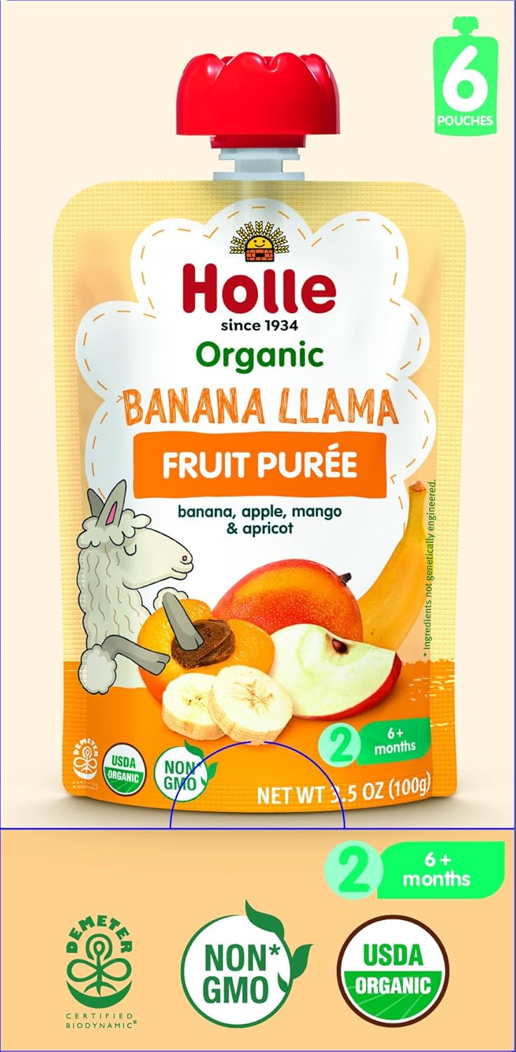 Holle Organic Baby Food Pouches - Banana Llama Baby Puree with Banana, Apple, Mango and Apricot - (6 Pack) Organic Baby Snacks + Fruit and Veggie Pouches for Weaning Babies 6 Months and Older