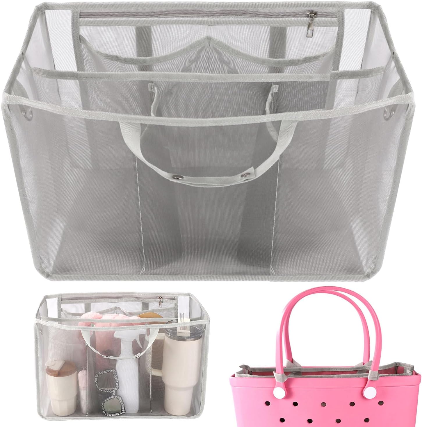 Beach Organizer Compatible With Bogg Bag, XL Beach Tote Mesh Lining Design Portable Storage Cosmetics Sunglasses Water Cup