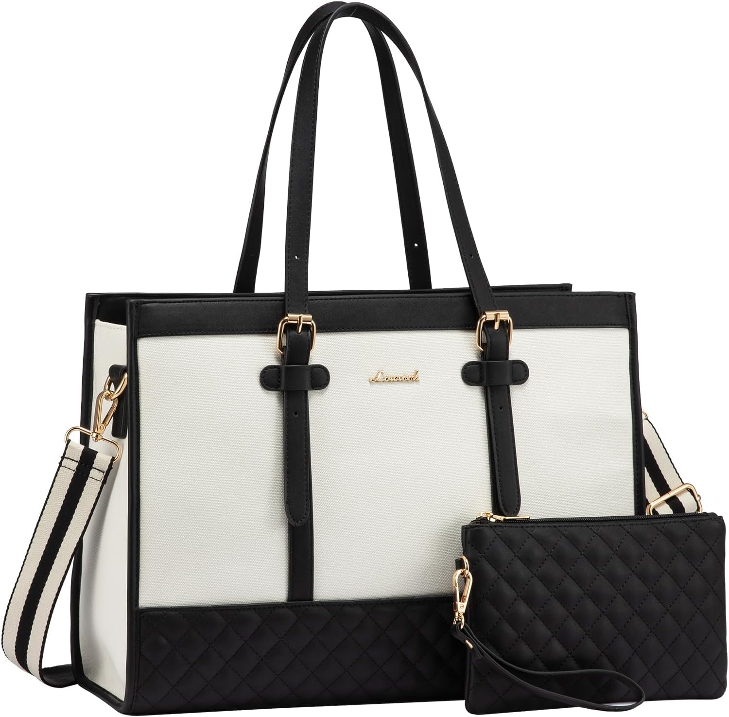 LOVEVOOK Laptop Bags for Women 15.6 Inch, Ladies Handbags for Work Business, Womens Large Tote Bag, Shoulder Bag with Clutch Lightweight for Office Business School College Shopping, Black White