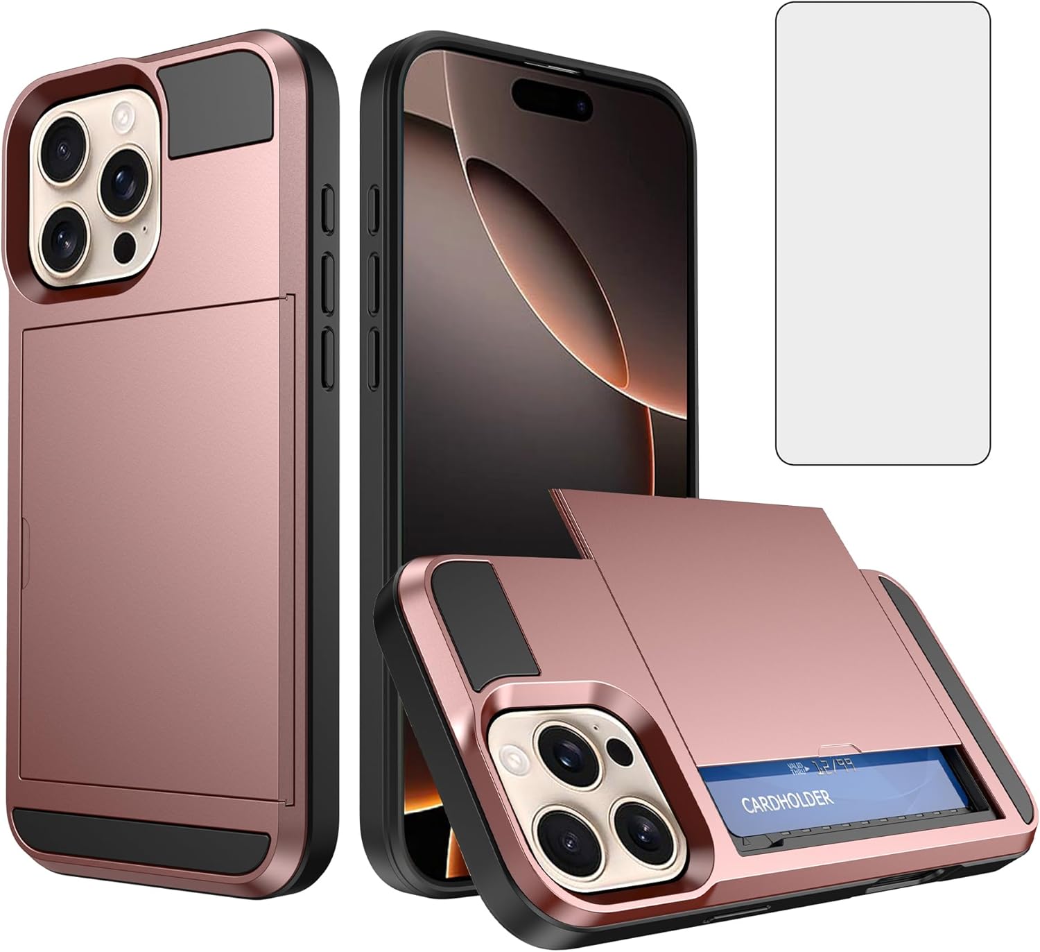 Asuwish Phone Case for iPhone 16 Pro 6.3 inch with Tempered Glass Screen Protector Cover and Card Holder Hybrid Full Body Protective Shockproof Cell Accessories i Phone16 i16 16Pro Women Men Rose Gold