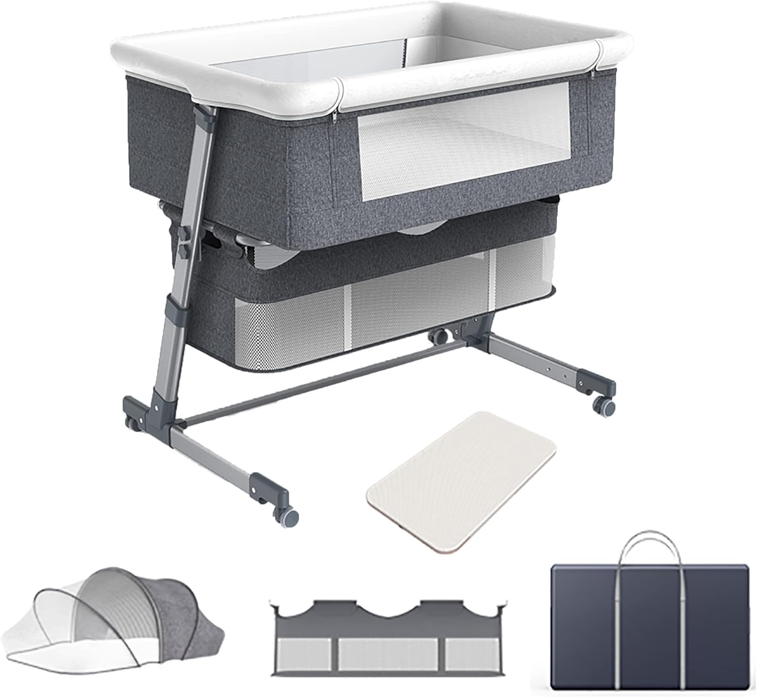 SADRIM 3 In 1 Baby Bassinets,baby Bed,Bedside Sleeper With Safety Brake Wheel, Playpen,Portable Crib,Heigt Adjustable, Mosquito Nets, Large Storage Bag,for Infant/Baby/Newborn (Color : Dark Gray)