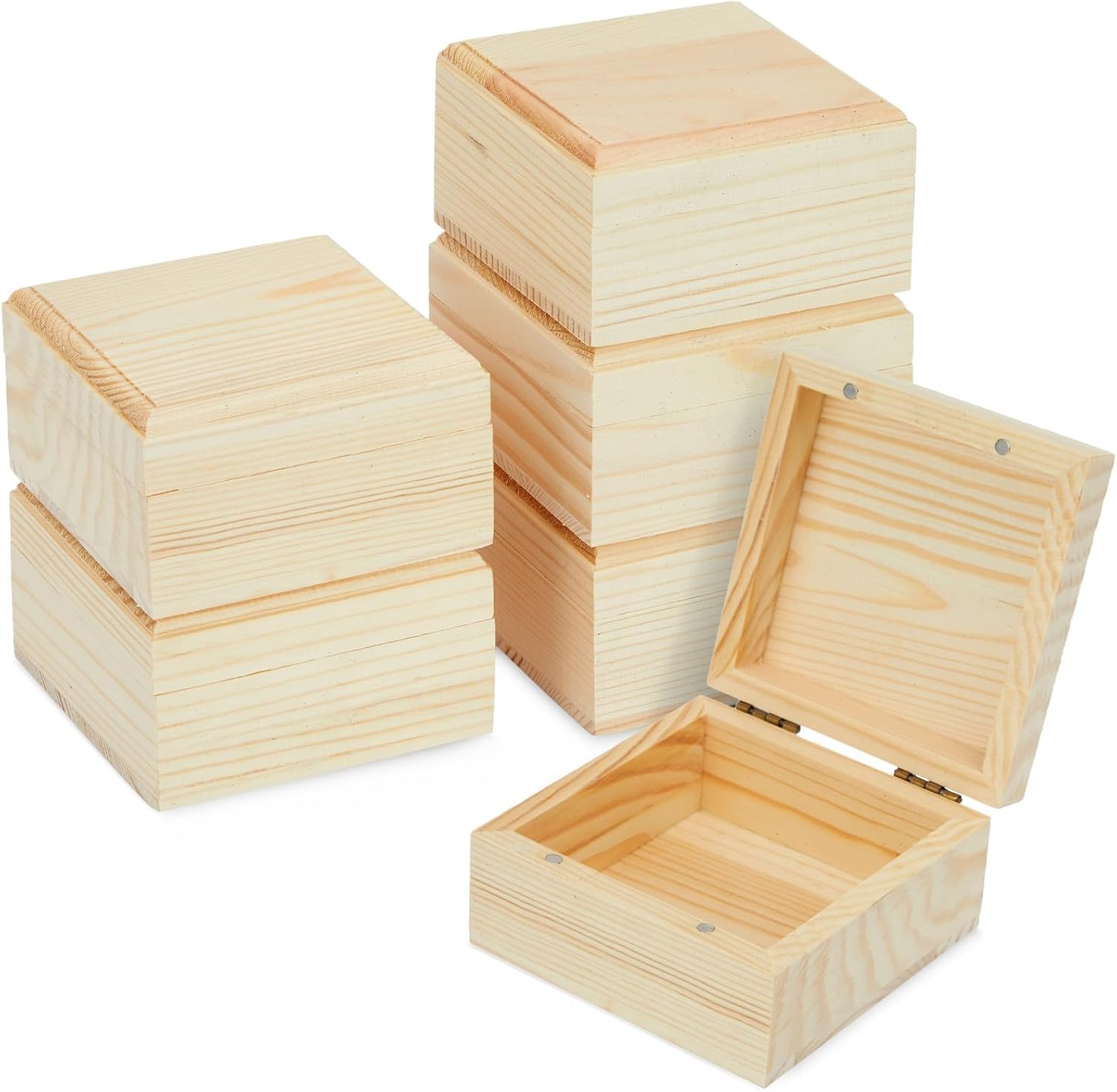 Bright Creations 6 Pack Unfinished Wooden Boxes with Hinged Lids - Pinewood Magnetic Small Wooden Boxes for Crafts and Jewelry Storage - Unfinished Wood Boxes with Lids (3.5 x 3.5 x 2 In)