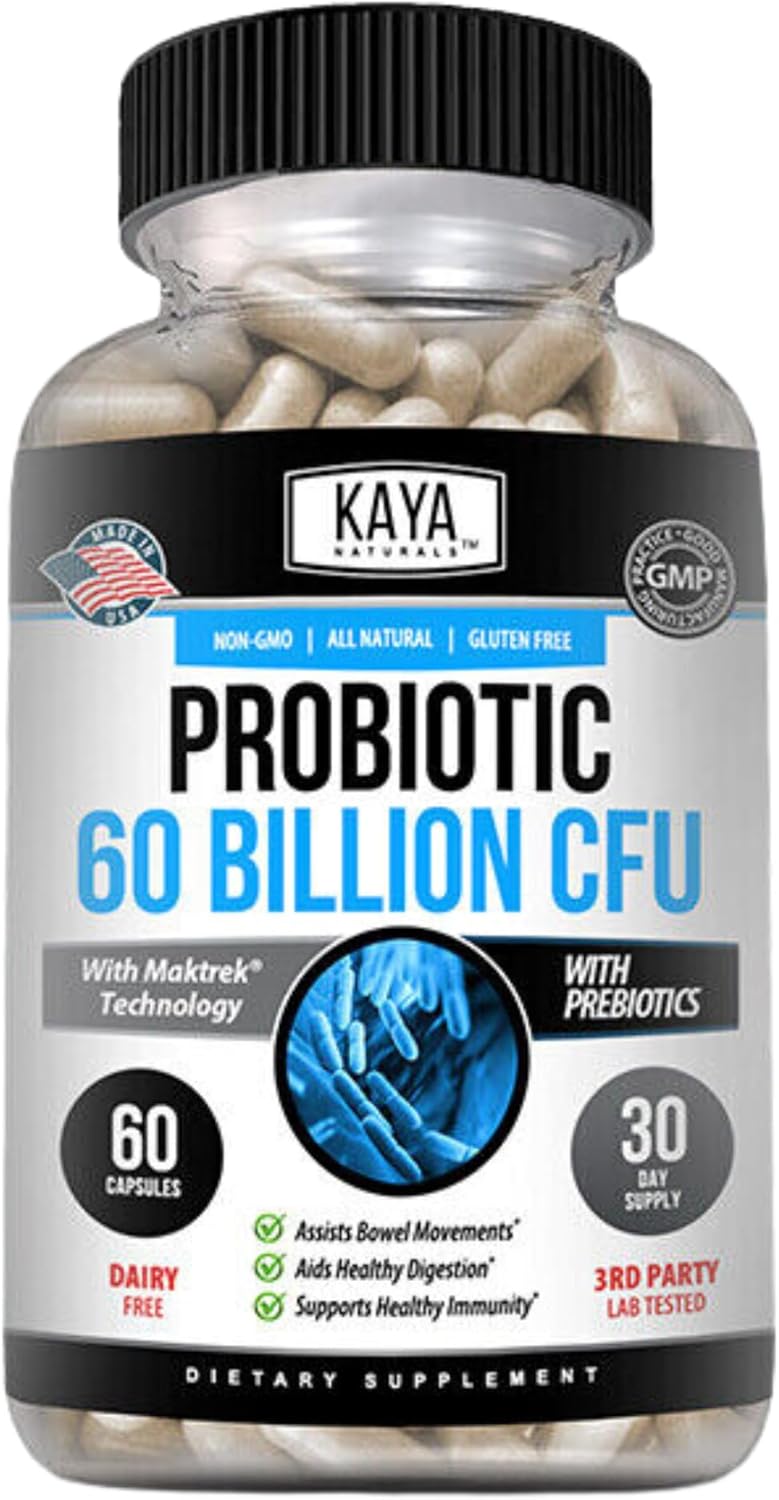 Kaya Naturals Probiotic 60 Billion CFU - Probiotics for Women, Probiotics for Men and Adults, Natural - Gut Health & Immune Support Supplement - Provides Digestive Support - 60 Vegetable Capsules