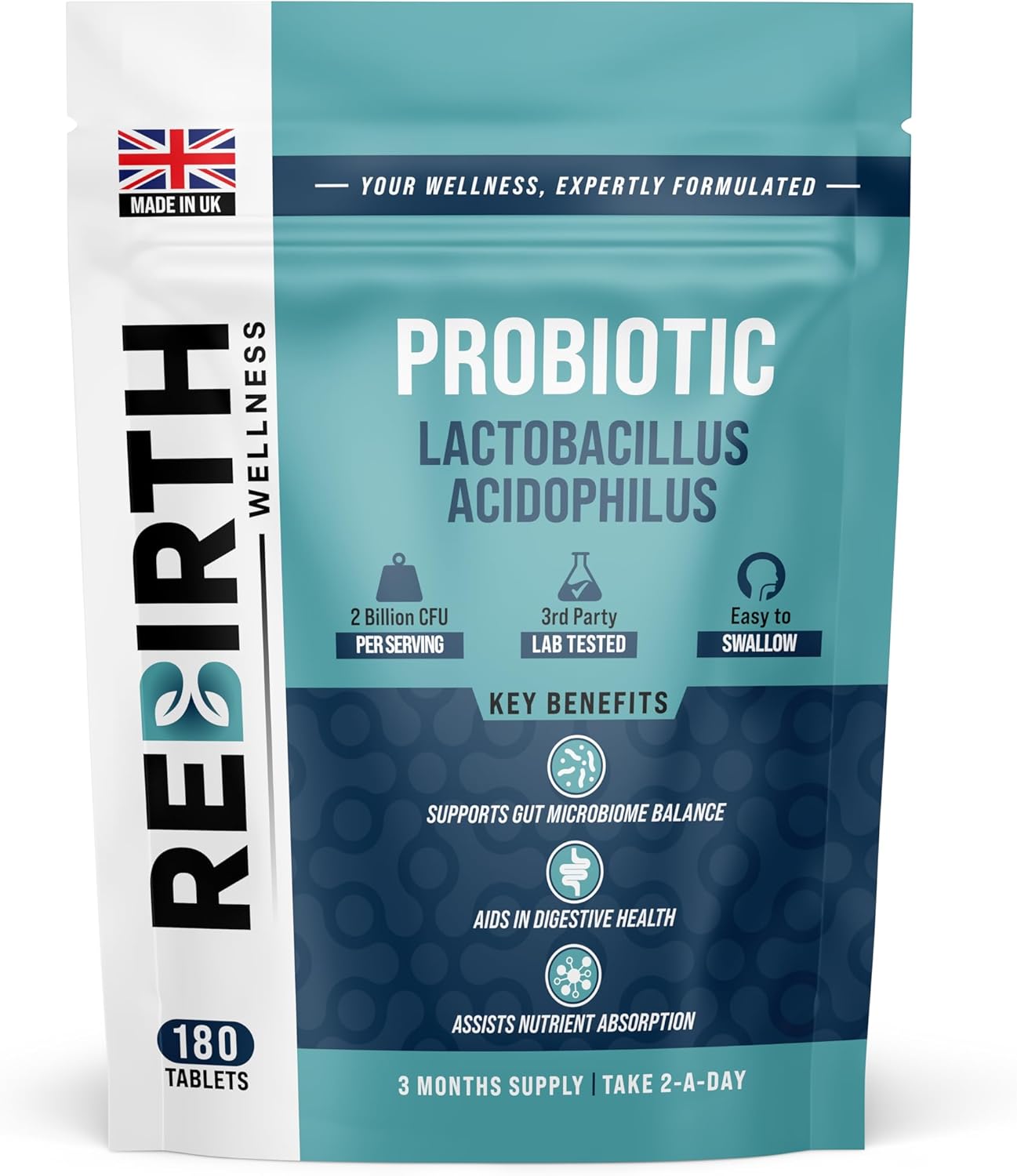 Probiotics for Gut Health - 180 Tablets - Lactobacillus Acidophilus Probiotic - Probiotics for Women and Men - Gluten Free and Vegan Friendly - Made in UK - Rebirth Wellness
