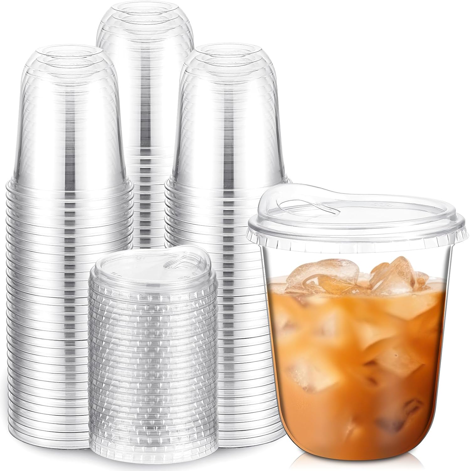 Baderke Clear Plastic Cups with Strawless Sip Lids Disposable Round Bottom Togo Cups for Coffee Smoothie Cold Beverage Coffee Shops and Party Catering(12 oz,100 Pcs)