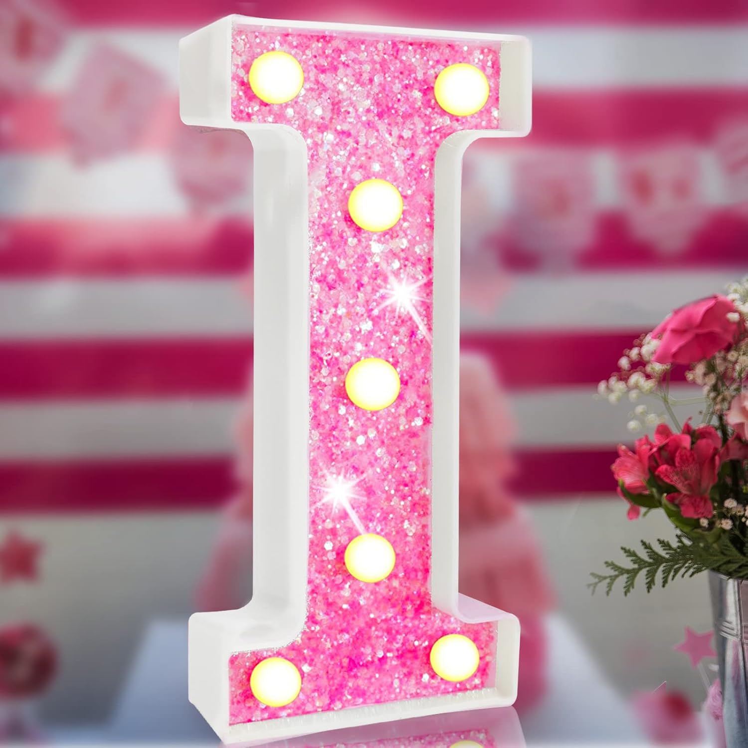 Pink Light Up Letters, Glitter Alphabet Letter Sign Pink LED Marquee Letter Lights Battery Powered for Night Light Girls Bedroom Birthday Party Wedding Home Christmas Decorations Gift for Her-Pink I