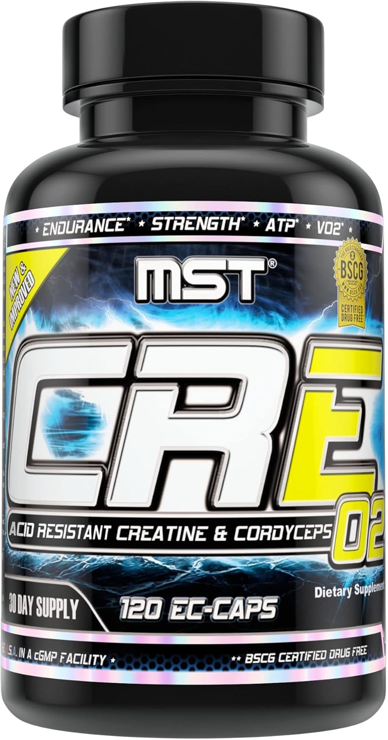 MST CRE O2, Acid Resistant, Delayed Release, Stomach Stable Delivery, Creatine, Cordyceps, Rhodiola, Jiaogulan, Dual Action ATP Supplement, BSCG Certified Drug Free, 120 V-Caps, Millennium Sport Tech