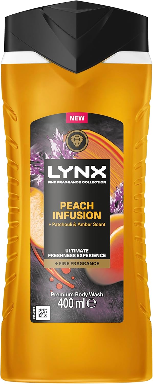 Lynx Fine Fragrance Collection Peach Infusion Premium Body Wash Shower Gel with a peach, patchouli & amber scent for 12 hours of freshness 400 ml