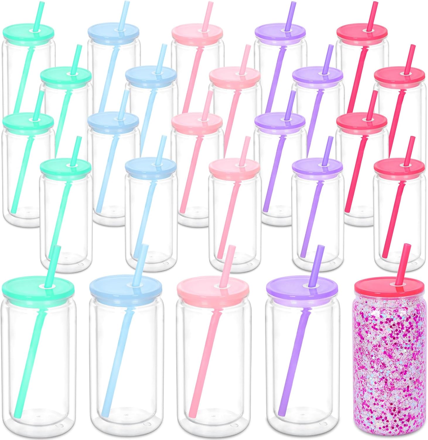 16 Oz Acrylic Snowglobe Tumbler, 25 Pack Pre-Drilled Double Wall Plastic Clear Cup for Glitter Snow Globe Diy, Double Wall Plastic Snowglobe Cup with Colorful Lid
