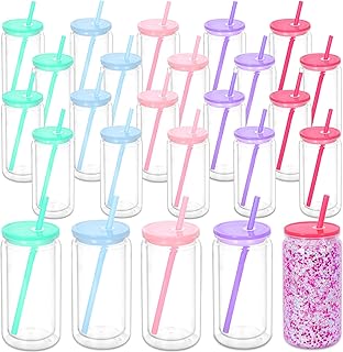 16 Oz Acrylic Snowglobe Tumbler, 25 Pack Pre-Drilled Double Wall Plastic Clear Cup for Glitter Snow Globe Diy, Double Wall Plastic Snowglobe Cup with Colorful Lid