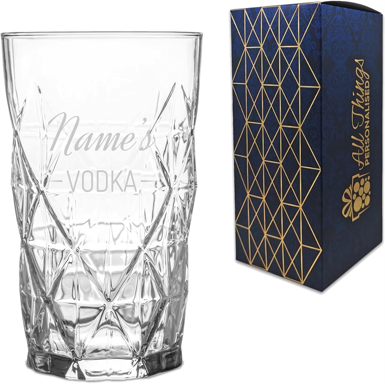 Personalised Engraved Novelty Vodka Keops Hiball Tumbler Glass with 'Name's Vodka' Design, Customise with Any Name for Any Occasion, Gift Box Included, Laser Engraved