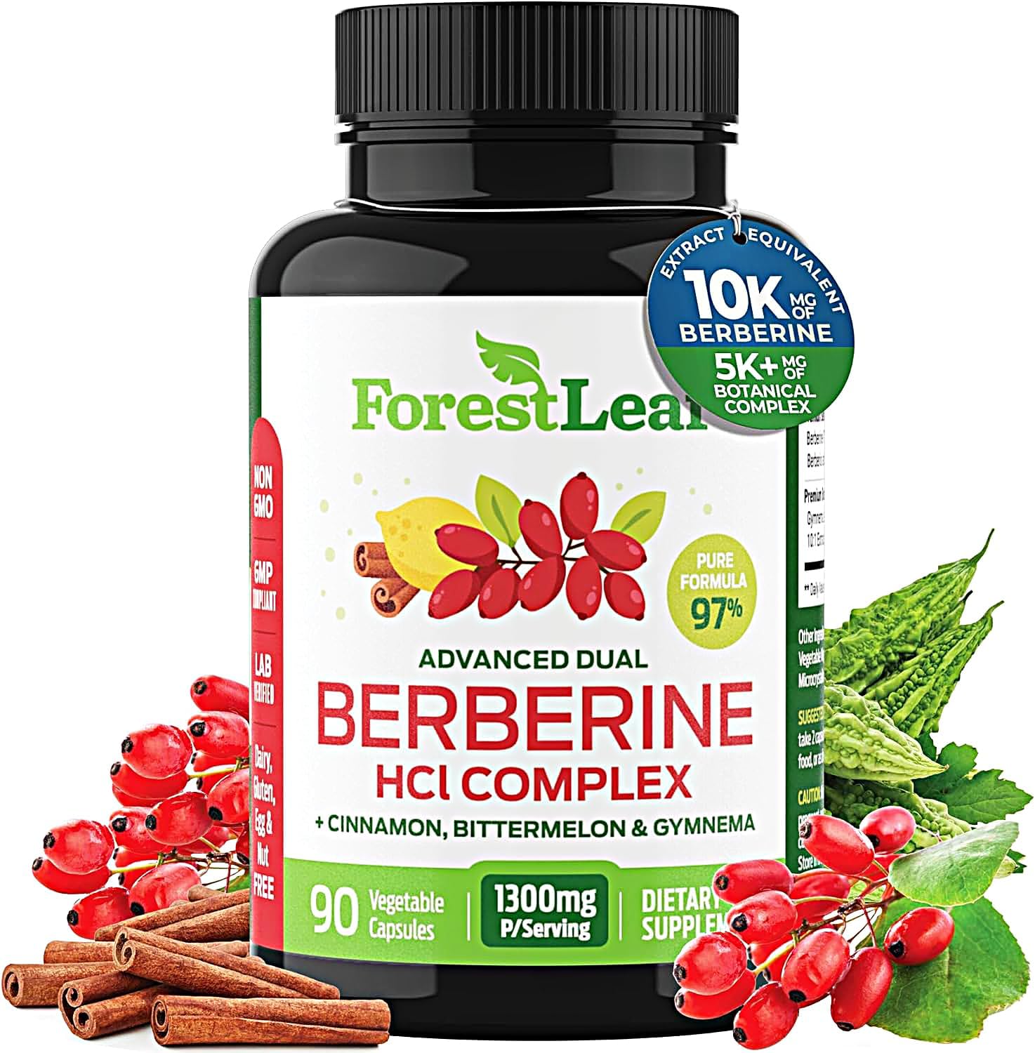 Berberine Supplement 1300mg per Serving- 97% Tested Ultra High Potency Berberine HCl with Ceylon Cinnamon, Bitter Melon & Gymnema, 10:1 Extract Berberis Supplements, Weight Management, 90 Veggie Caps
