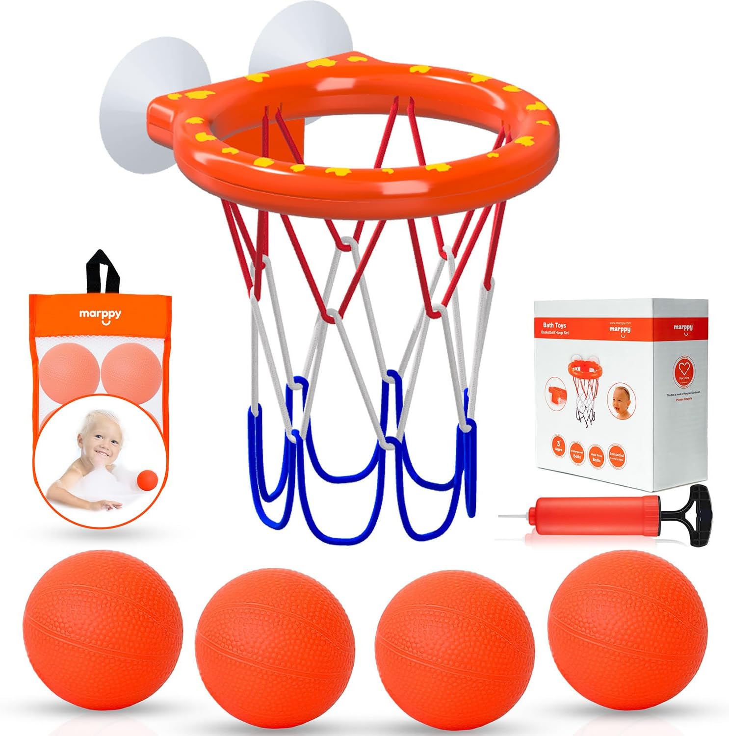 Bath Toys – Bathtub Basketball Hoop for Toddlers, Kids, Boys and Girls | 4 No-Hole Balls & Strong Suction Cups | Fun Basketball Bath Toy for Toddlers