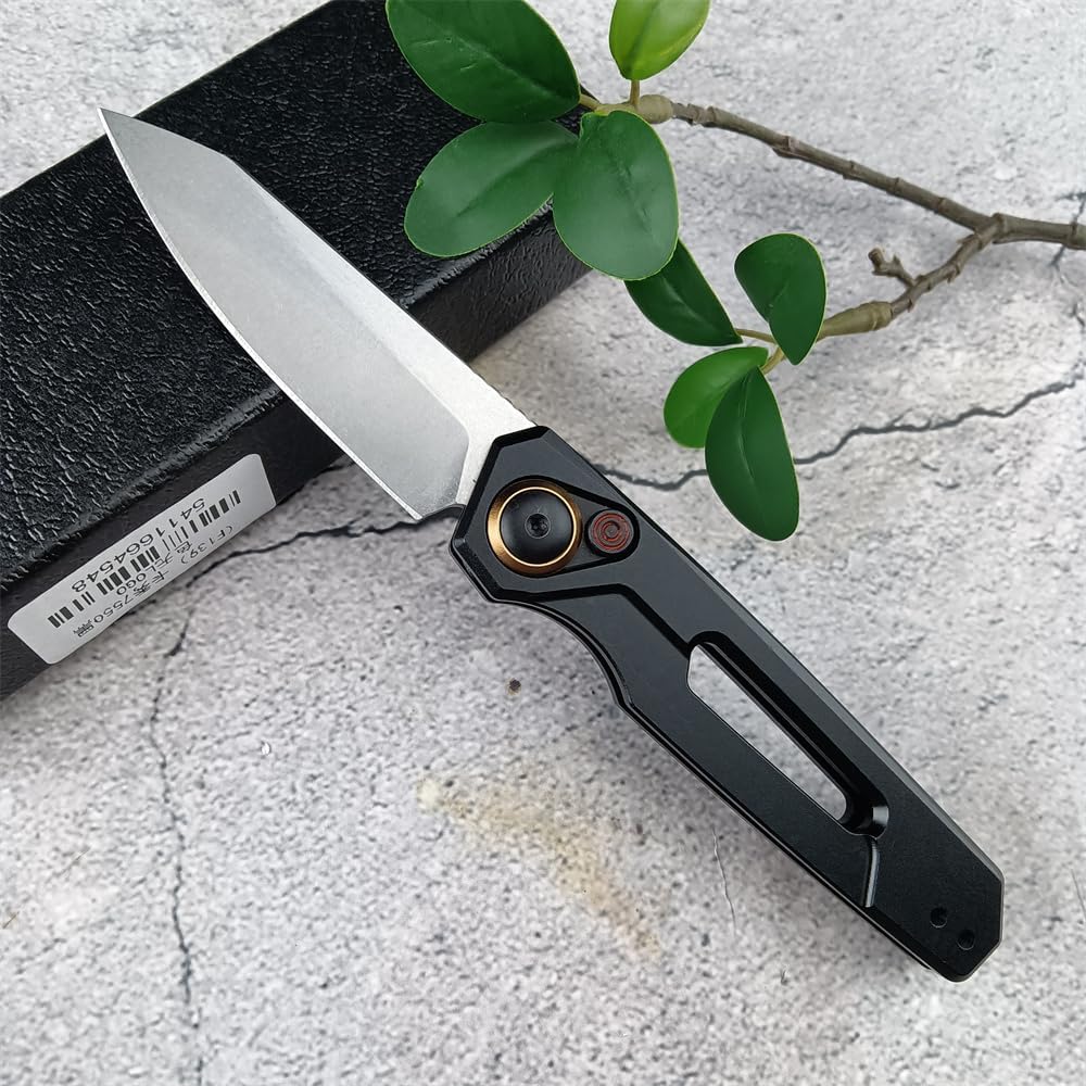 Assisted Button lock knife, EDC Folding Pocket Knife For Men, 2.75in Stonewashed Reverse Tanto Blade, Black Aluminum Handles With Pocket Clip for Outdoor Camping
