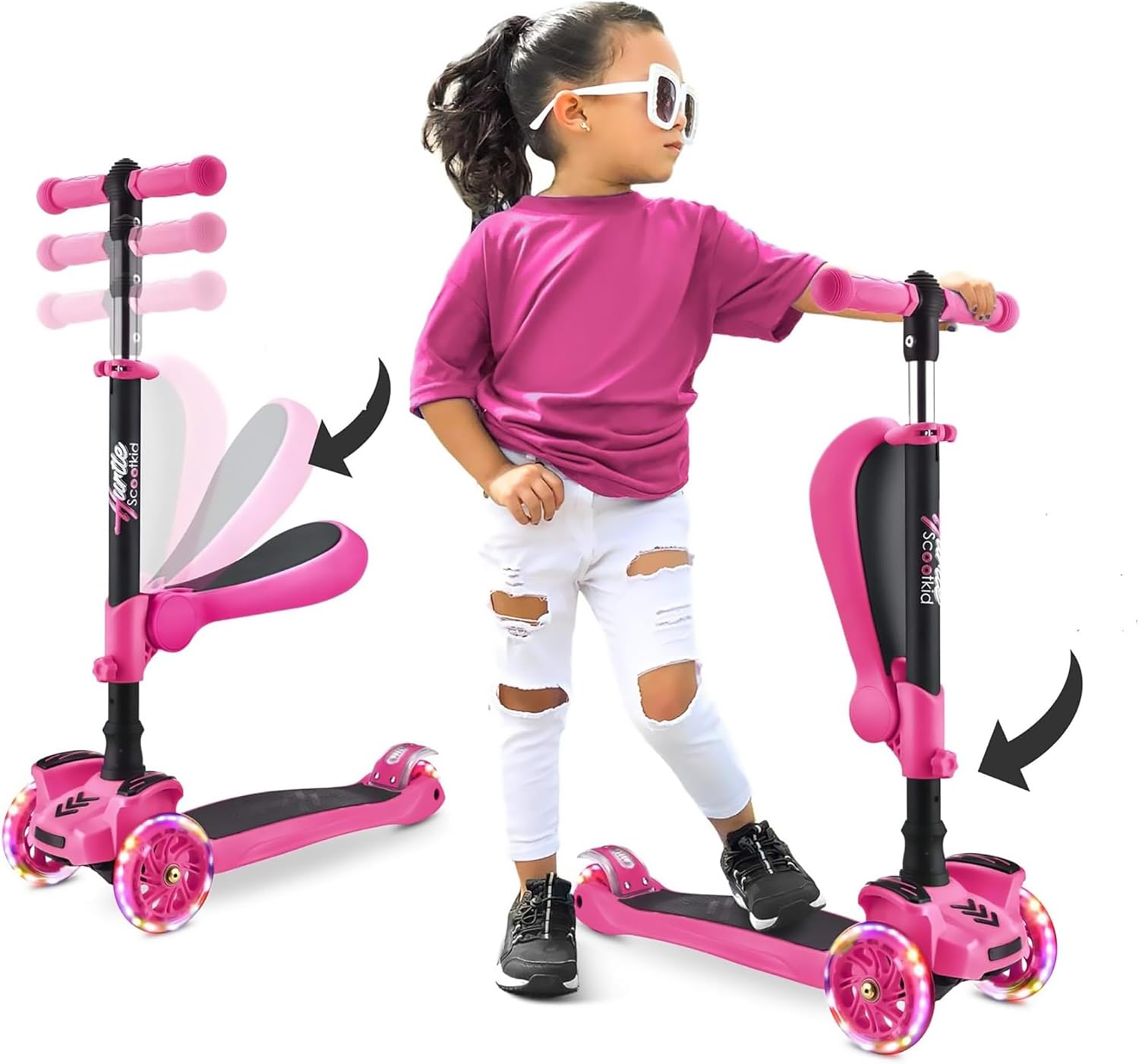 Hurtle 3-Wheeled Scooter for Kids - Wheel LED Lights, Adjustable Lean-to-Steer Handlebar, and Foldable Seat - Sit or Stand Ride with Brake for Boys and Girls Ages 1-14 Years Old