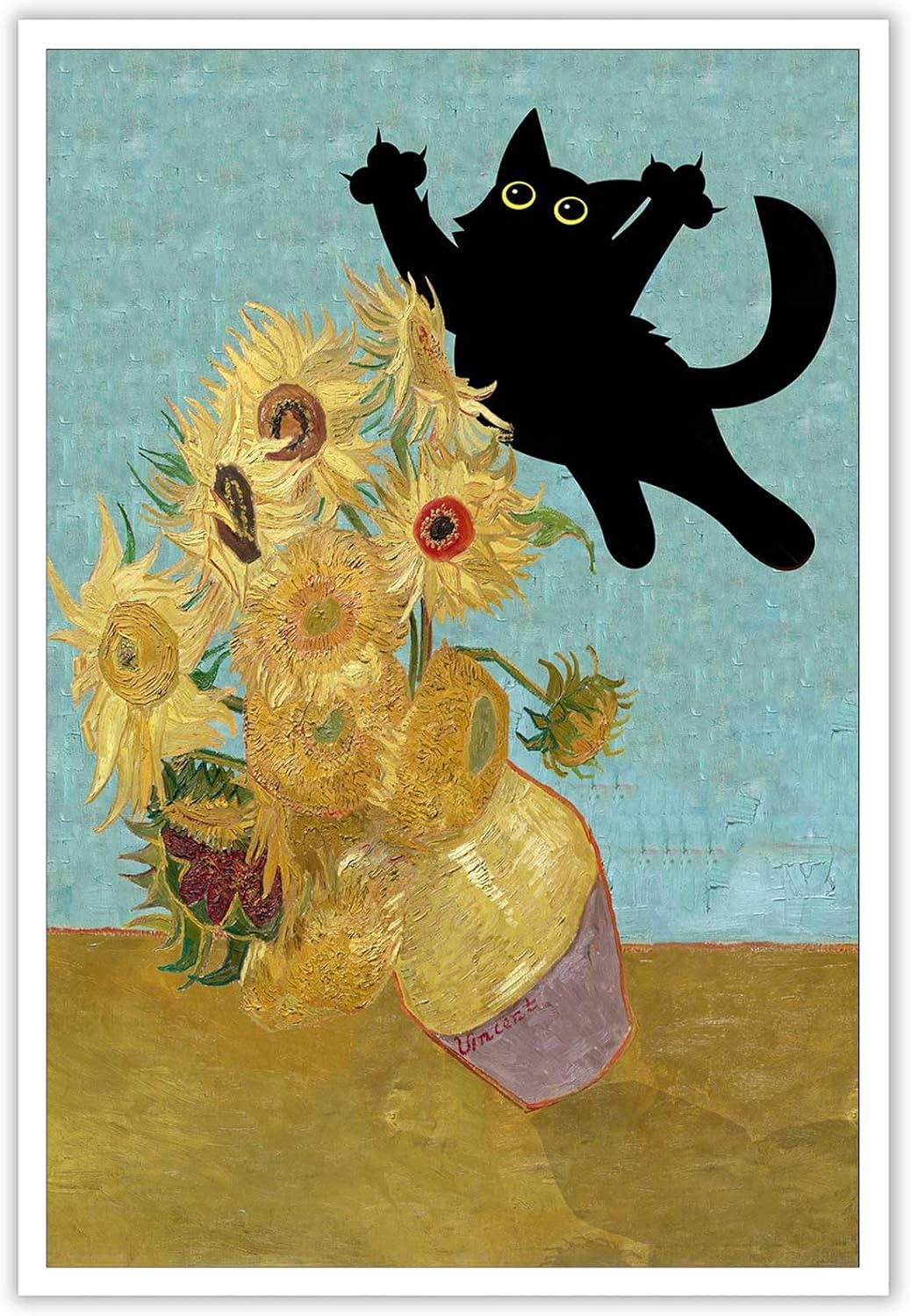 Funny Black Cat Art Poster Vintage Van Gogh Sunflower Cat Print Canvas Wall Art Cute Animal Room Aesthetic Prints Painting For Home Bedroom Dorm Wall Decor 12x16in Unframed