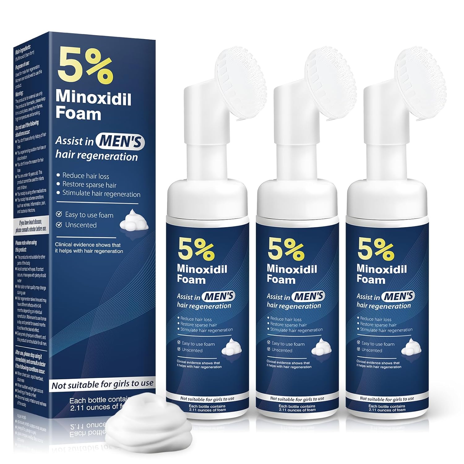 5% Minoxidil Foam for Men Hair Growth Foam Suitable for Hair Thinning Receding Hairline and Hair Loss to Hair Regrowth Get Thicker Fuller Hair 3 Bottles 2.11 oz