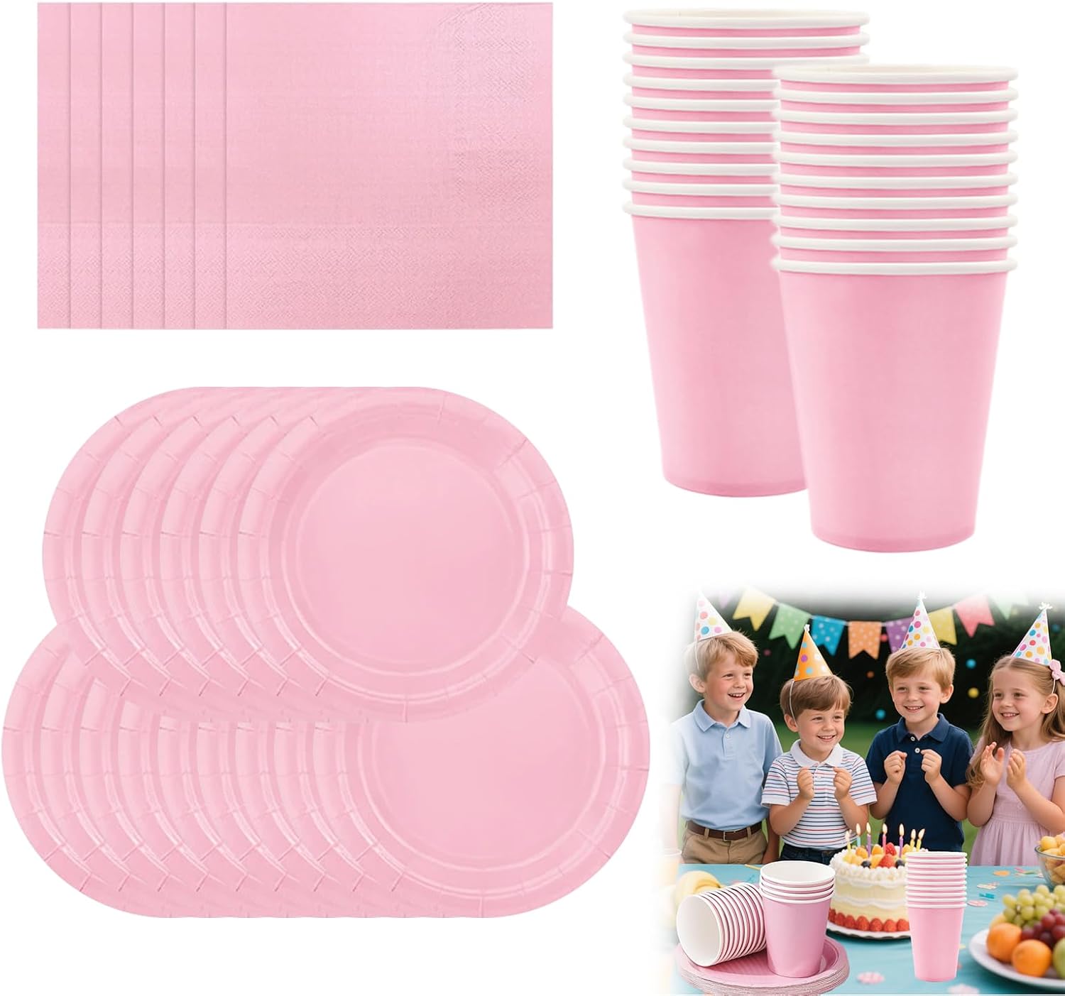 Pink Party Tableware – 72pcs Pink Party Plates Cups and Napkins, Disposable Paper Plate Cups and Napkins for Birthday, Weddings, BBQ, Picnics, 24 Guests