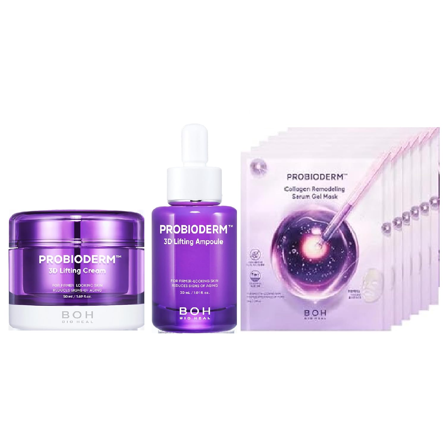 Probioderm Anti Aging Care Set | Advanced Korean Anti-Aging Moisturizer + Ampoule with 17-Peptide Complex & Patented Probioderm™ and Hydrogel Mask with Collagen Capsules for Smoother Skin