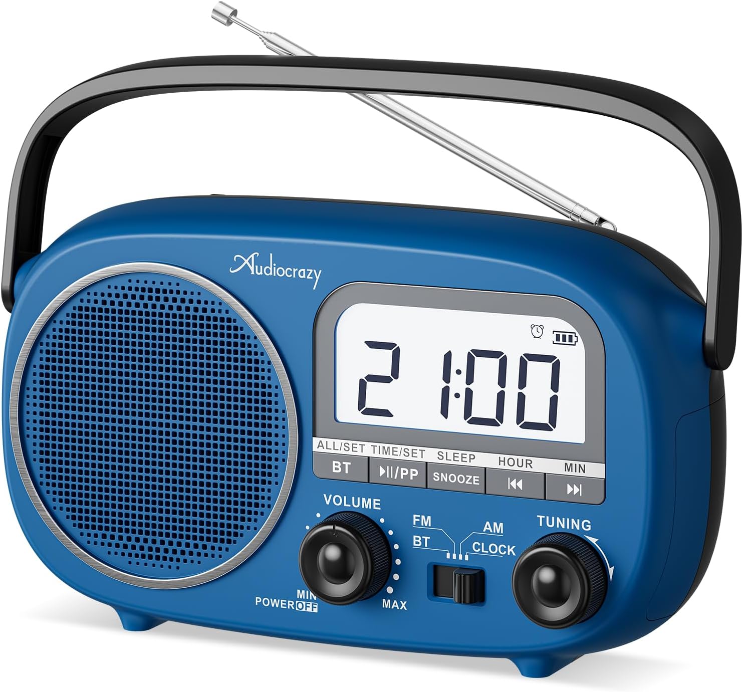 Portable AM FM Rechargeable Radio with Best Reception, Digital Time/Station Display,AC Power or Battery Power Radio with Bluetooth Speaker for Home/Kitchen/Outdoor Blue