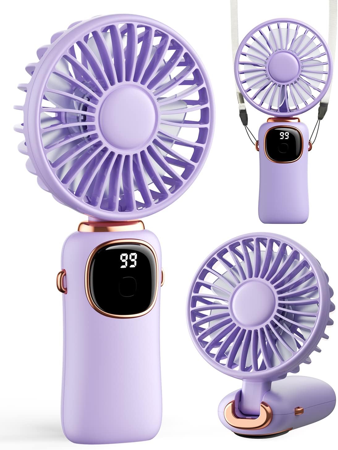 Portable Handheld Fan, 4000mAh Battery Operated 3 in 1 Multifunction Personal Travel Fans with Digital Display, 90° Foldable Desk Fan with Base, 5 Speed Lash Fan for Makeup/Commute/Office