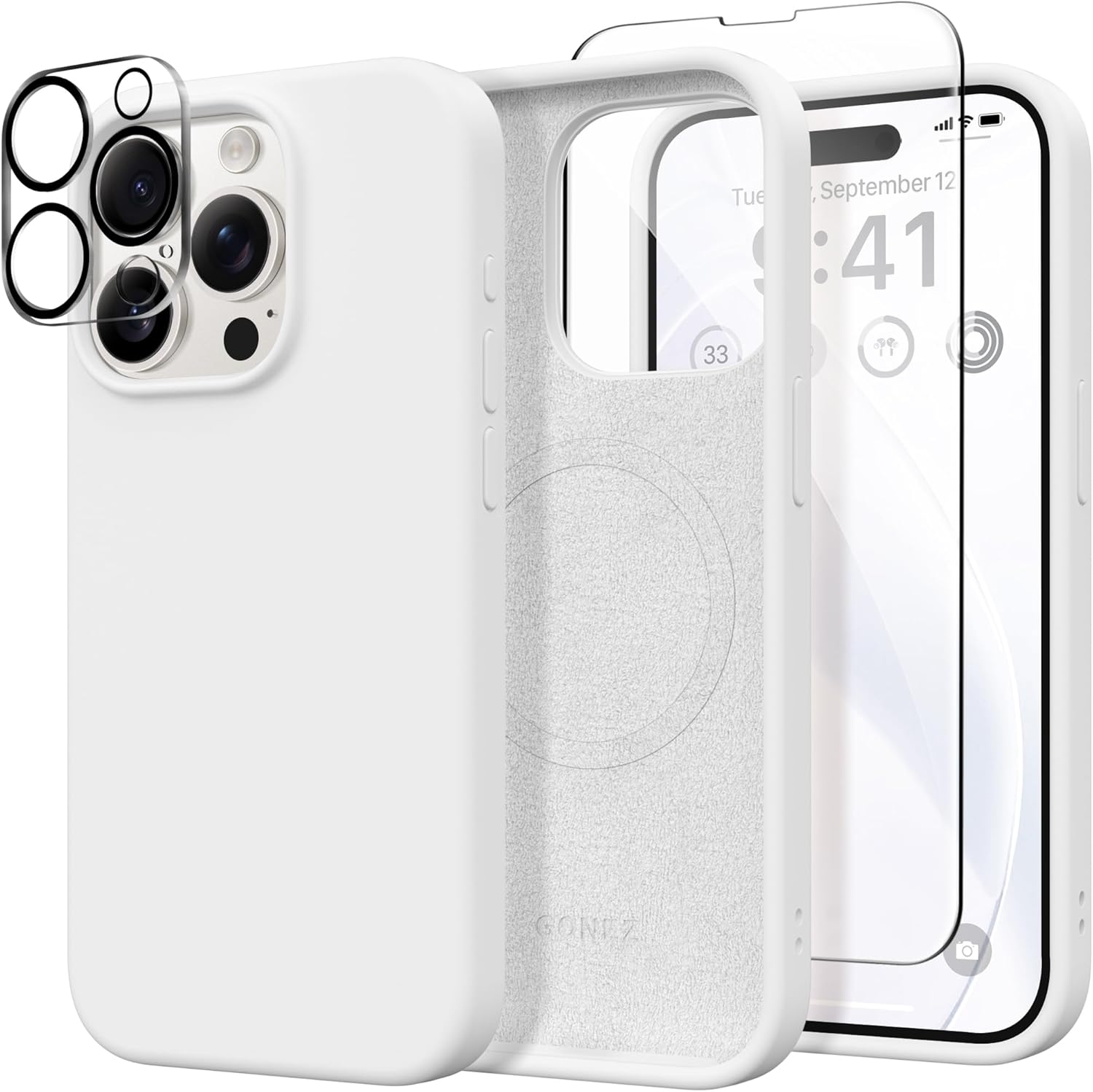 GONEZ Magnetic for iPhone 15 Pro Case, Compatible with MagSafe, [Screen Protector + Camera Lens Protector], Silicone Shockproof Anti-Scratch Protective Phone Case 6.1 inch, White