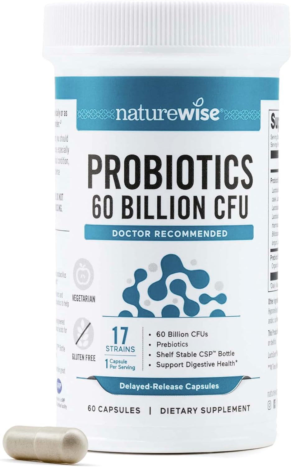NatureWise Probiotics 60 Billion CFU - 17 Strains + Organic Prebiotics - Immune, Digestive & Gut Health Support for Women & Men - Vegetarian, Gluten-Free, Non-GMO - 60 Capsules[2-Month Supply]