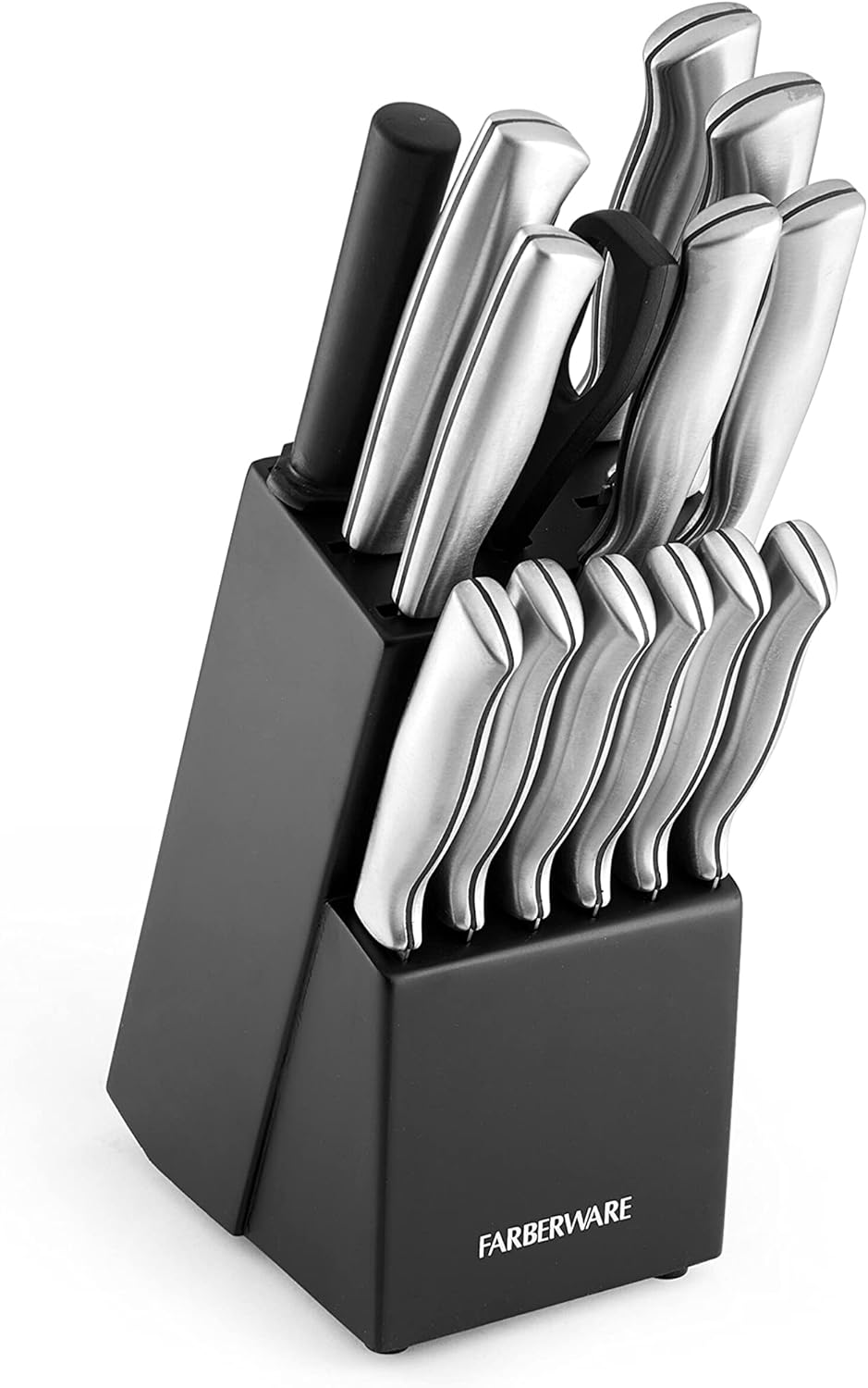 FARBERWARE 15-Piece Kitchen Knife Set with High-Carbon Stainless Steel Blades, Black Handles, Steak Knives, Wood Block, Razor Sharp and Ergonomic