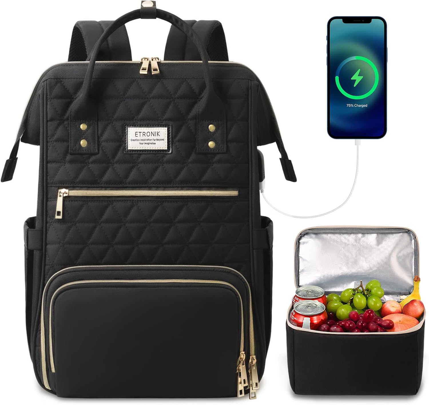 ETRONIK Lunch Backpack for Women, 17.3 Inch Laptop Backpack with USB Port, Stylish Nurse Backpack Teacher Work Bag with Insulated Cooler Lunch Box for Women Men/Travel, Black