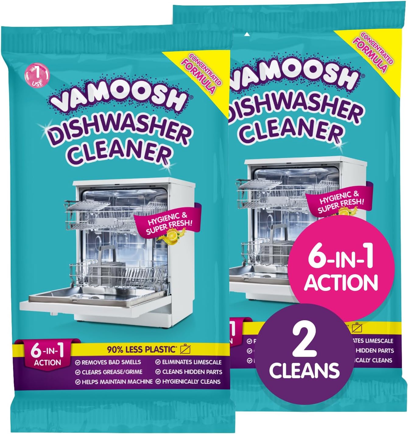 Vamoosh 6 in 1 Dishwasher Cleaner 2 x Cleans - Deep Cleaner, Limescale Remover, Odour Eliminator, Grease Remover - Deep Clean Performance, Less Plastic, Citric Acid