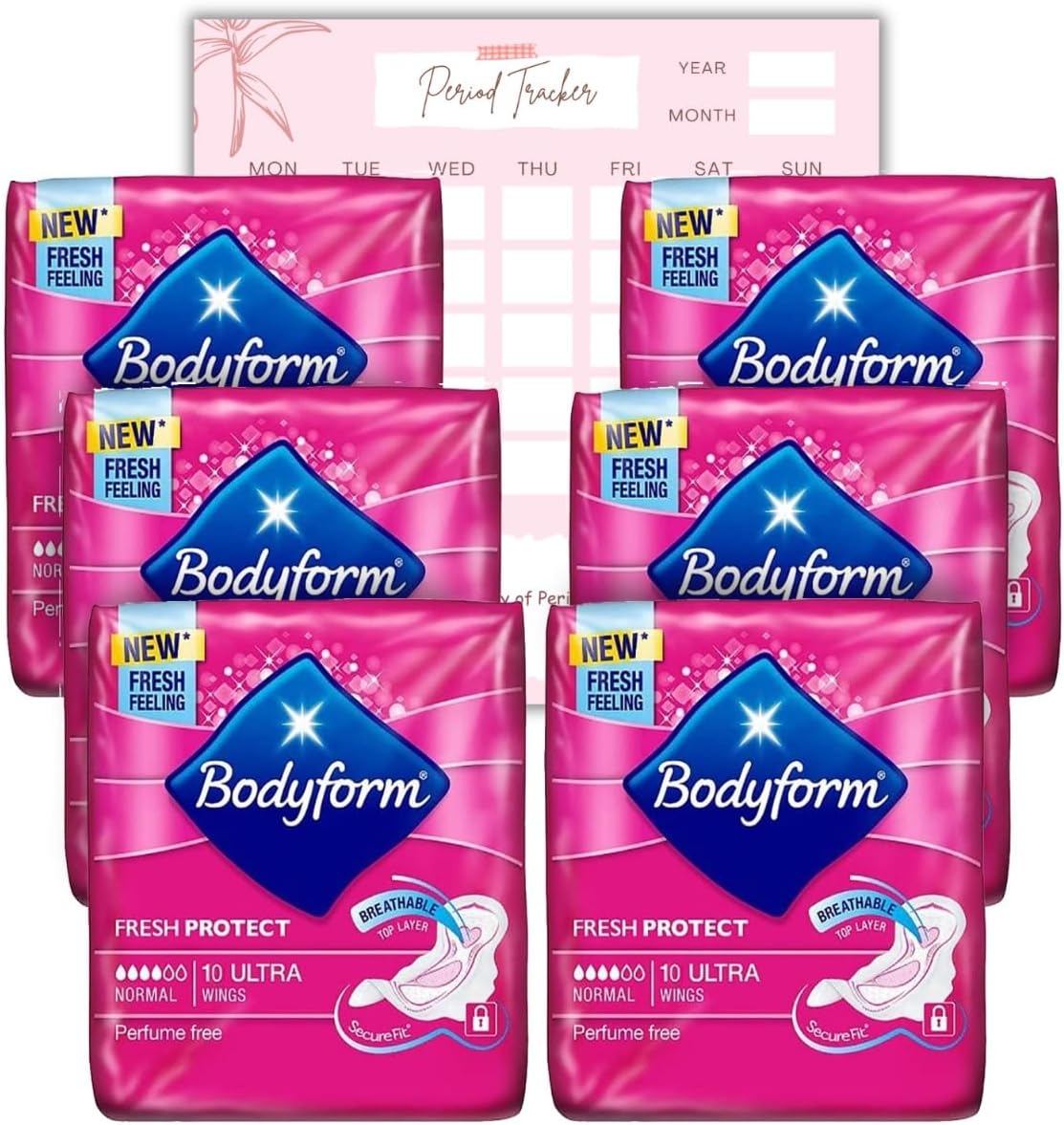 Body Form 10 Ultra Sanitary Towels with Wings Pack of 6, 60 (10 x6 Packs) Perfume Free Period Pads, Normal Flow Cour-V Ultra with Caliko Period Tracker