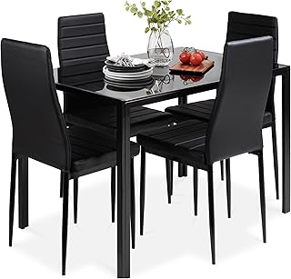 Best Choice Products 5-Piece Glass Dining Set, Modern Kitchen Table Furniture for Dining Room, Dinette, Compact Space-Saving w/Glass Tabletop, 4 Upholstered PU Chairs, Metal Steel Frame - Black