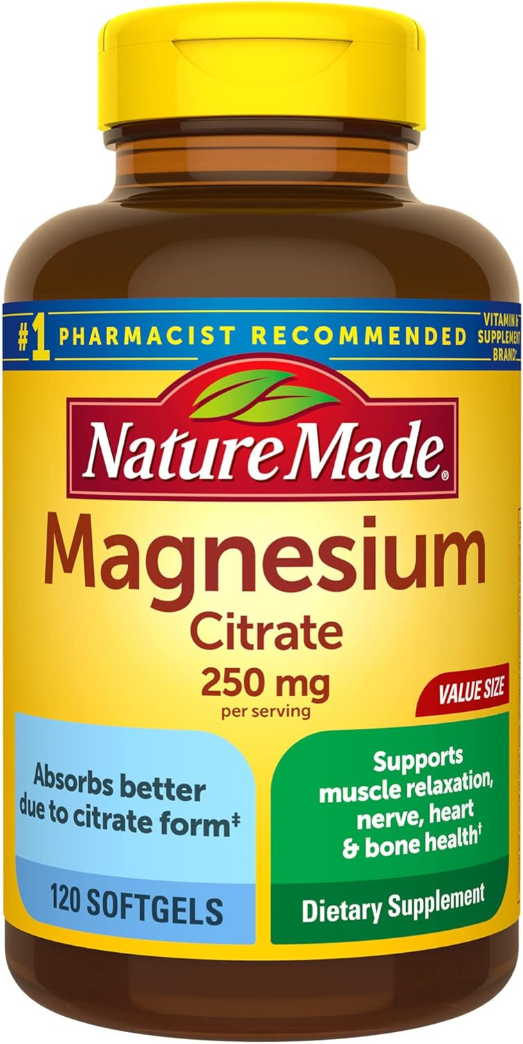 Nature Made Magnesium Citrate 250 mg per serving, Magnesium Supplement for Muscle, Nerve, Bone and Heart Support, 120 Softgels, 60 Day Supply