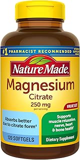 Nature Made Magnesium Citrate 250 mg per serving, Magnesium Supplement for Muscle, Nerve, Bone and Heart Support, 120 Softgels, 60 Day Supply