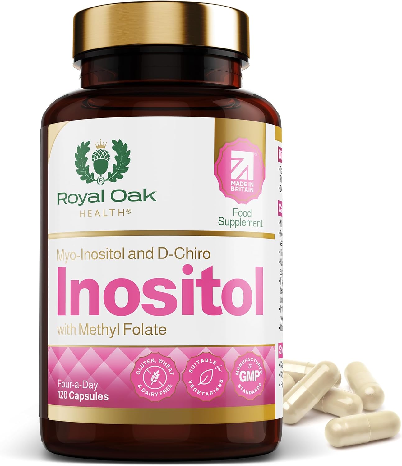 Royal Oak Health Myo Inositol 2,200mg and D-Chiro Myo Inositol Capsules with Folate PCOS & Ovulation Support (120 Capsules)