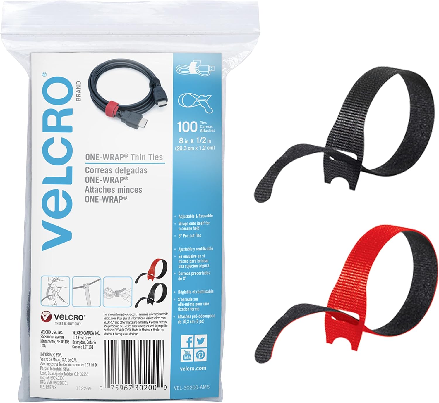 VELCRO Brand Cable Ties, 100Pk - 8 x 1/2" Red and Black, Reusable Alternative to Zip Ties, ONE-WRAP Thin Pre-Cut Cord Organization Straps, Wire Management for Office or Home, VEL-30200-AMS, Black/Red