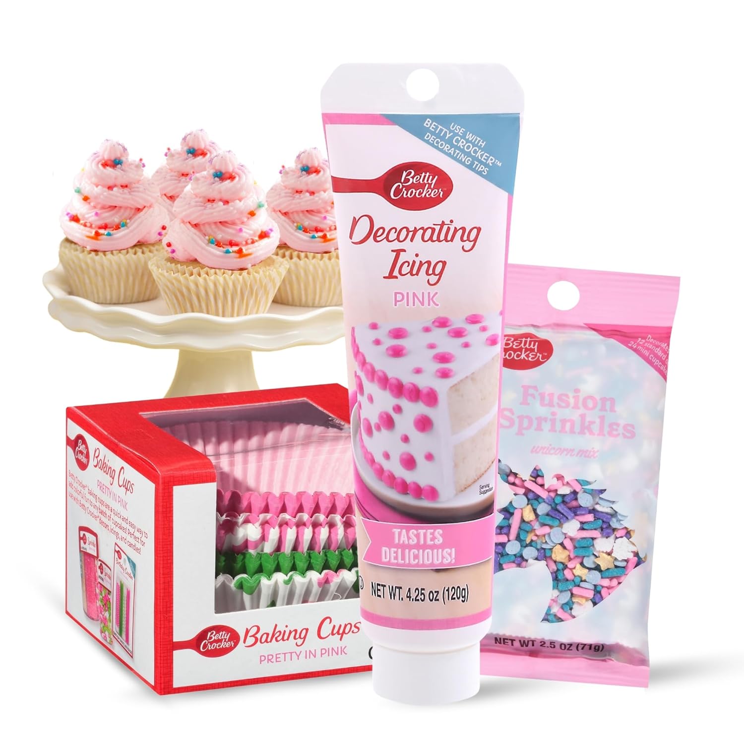 Betty Crocker Cupcake Kit For Girls- Includes 100 ct Betty Crocker pink cupcake liners, Fusion Unicorn Mix Sprinkles, and Decorating Pink Icing - Perfect for gender reveals, baby showers, & birthdays