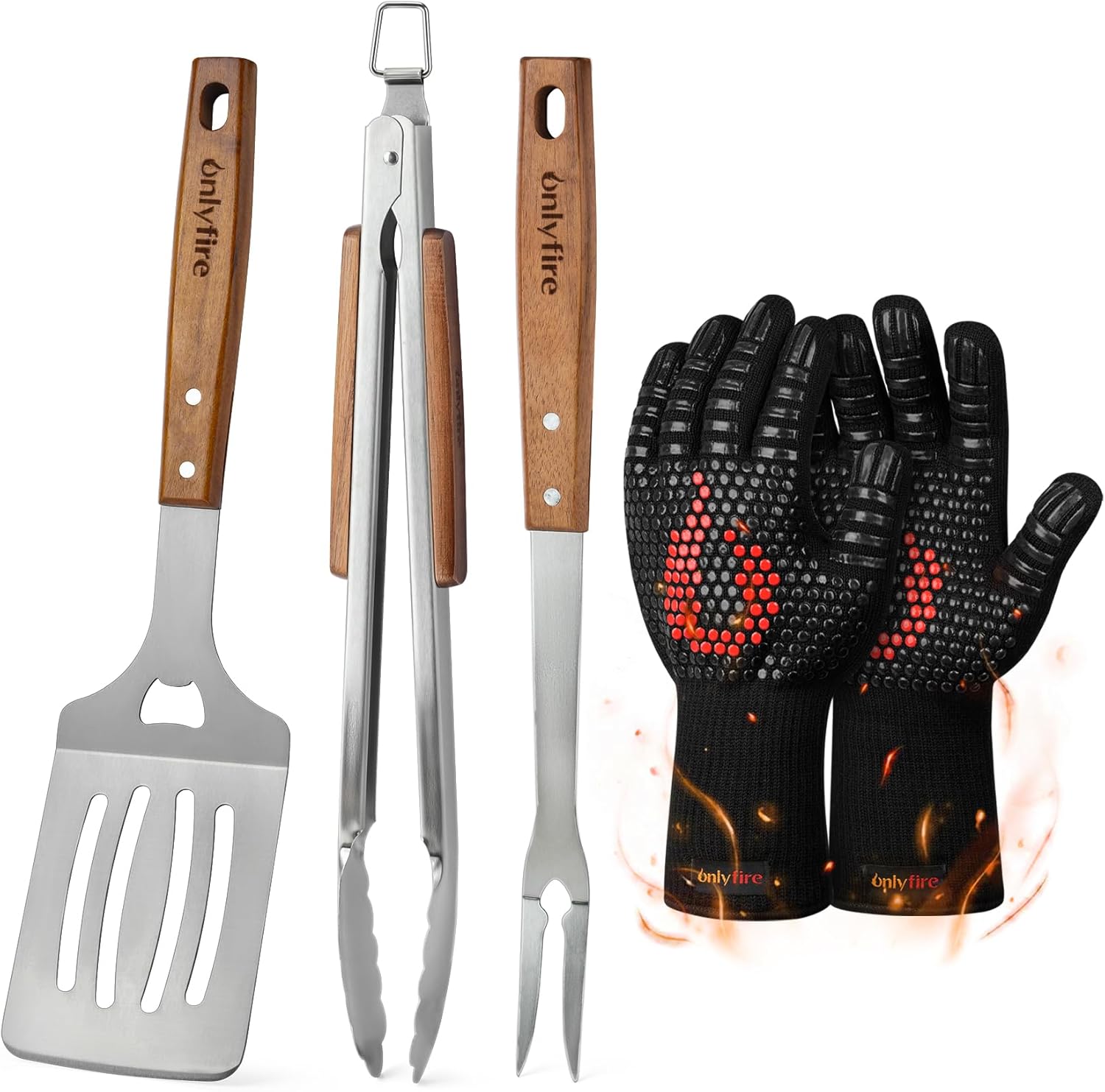 onlyfire 4Pcs Grill Tool Set, Perforated BBQ Spatula, Kitchen Tongs, Grill fork and BBQ Gloves, BBQ Accessories Kit for Men, Professional BBQ Utensils for Grilling & Outdoor Cooking