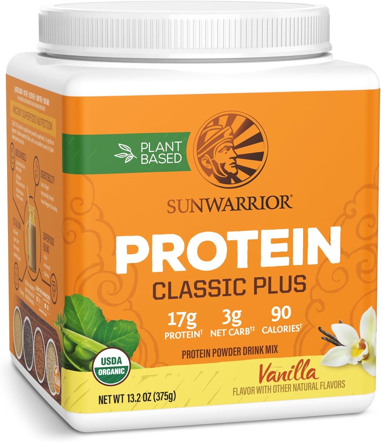 Vegan Organic Protein Powder Plant-Based | 5 Superfood Quinoa Chia Seed Soy Free Dairy Free Gluten Free Synthetic Free Non-GMO | Vanilla 15 Servings | Classic Plus by Sunwarrior