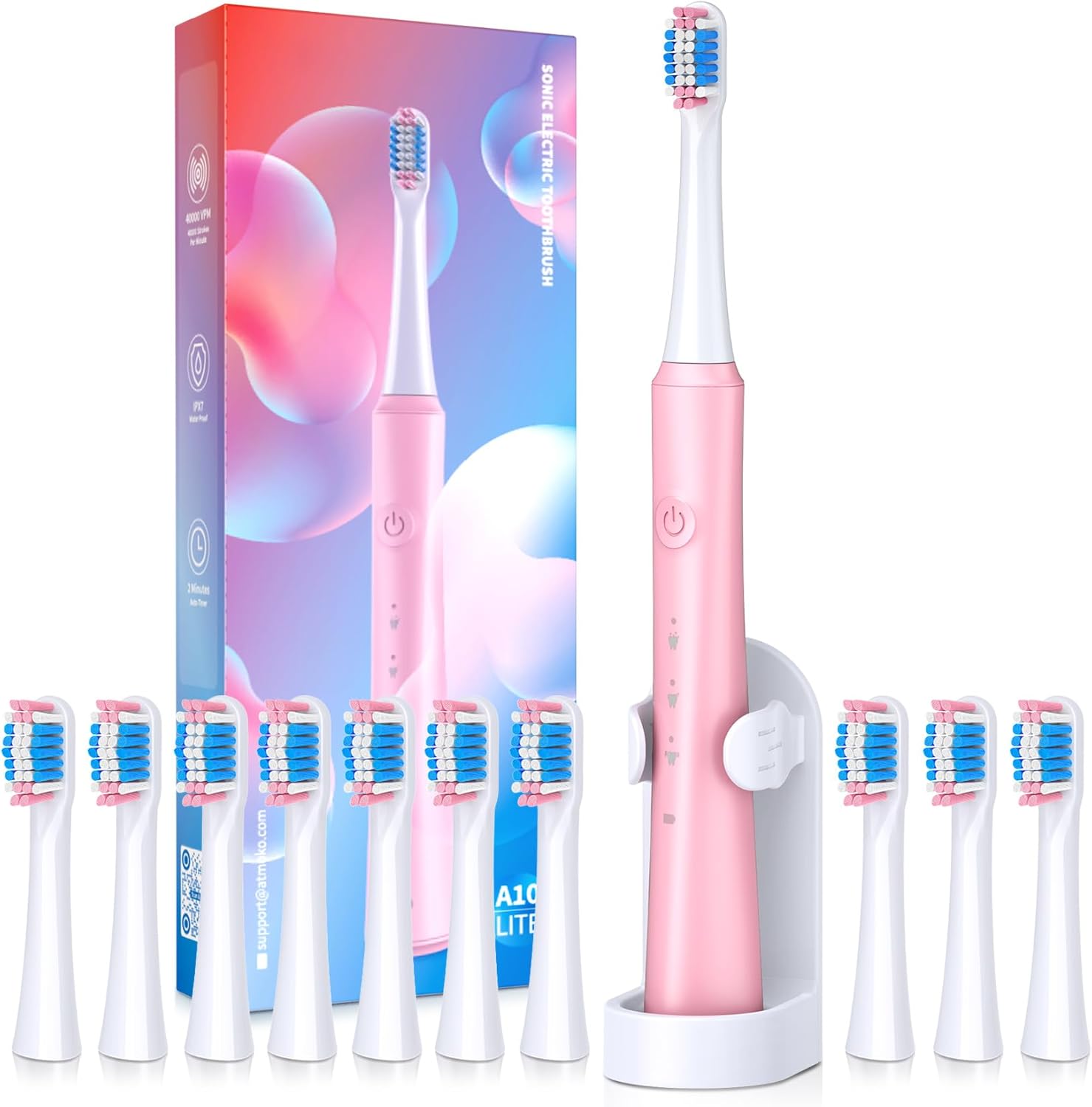 Electric Toothbrush for Adults with Holder and 10 Brush Heads, Rechargeable Toothbrush Electric Fast 2 Hr Charge Last 35 Days, 40000 VPM and 3 Modes,Smart Timer-Pink
