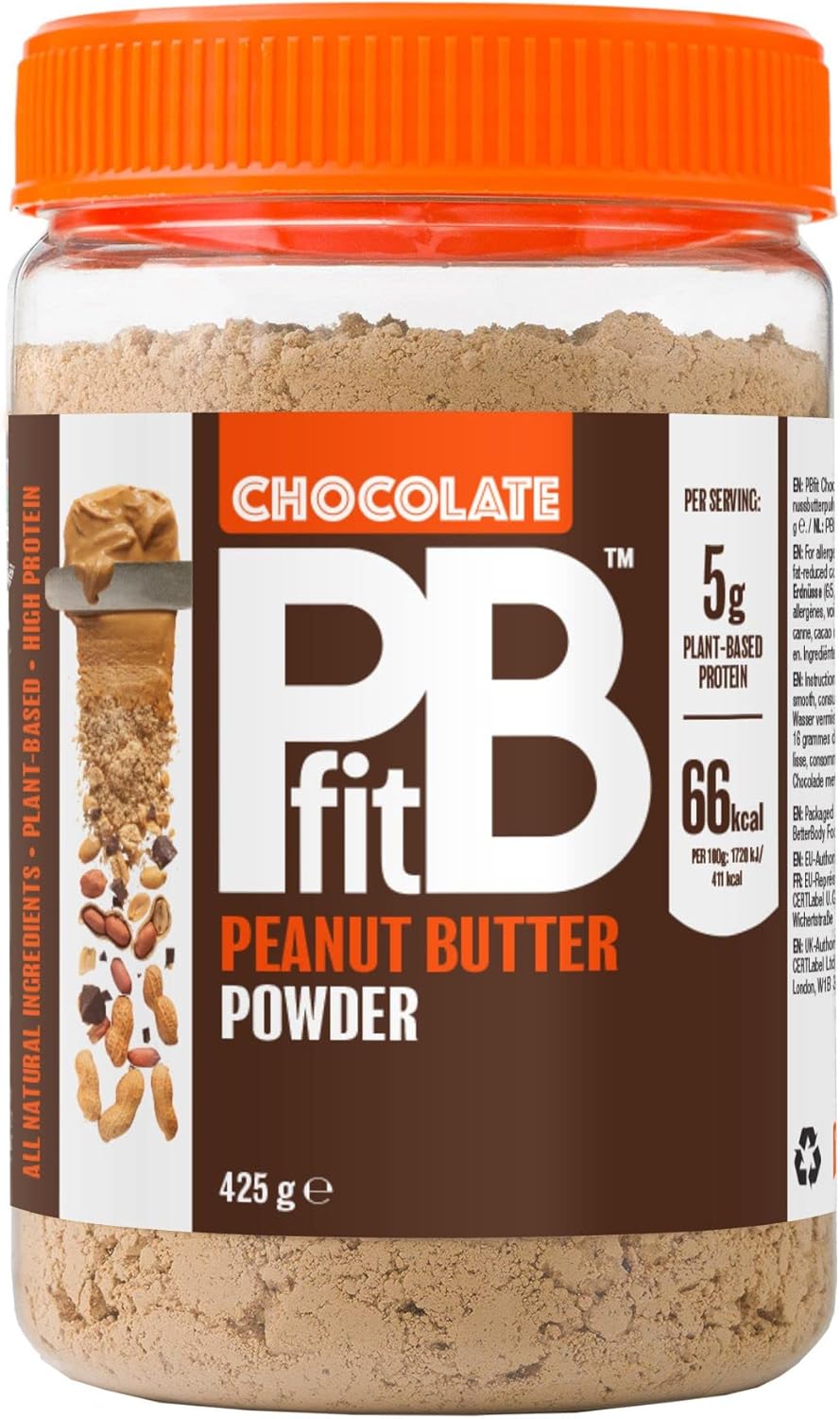 PBfit Chocolate Peanut Butter Powder - 88% Less Fat, 5g of Protein, Gluten Free Natural Nut Butter Spread - Powdered Peanut Butter Spread from Real Roasted Pressed Peanuts and Cocoa - 425g
