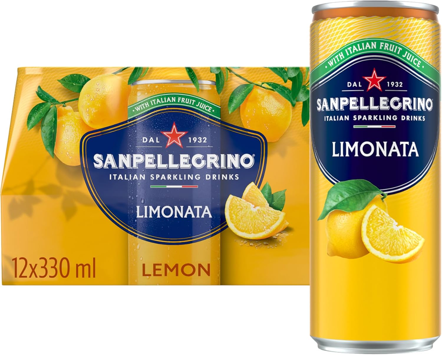 San Pellegrino Italian Sparkling Drinks Tastefully Light Sparkling Lemon Canned Soft Drink 12 x 330ml | 73k Cals per Can