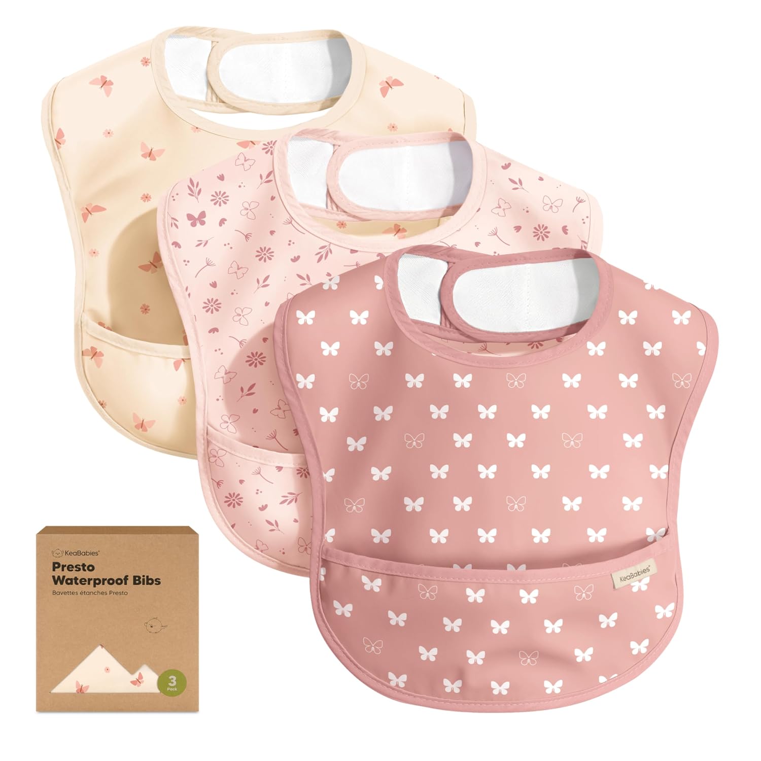 KeaBabies 3-Pack Waterproof Baby Bibs for Eating, Lightweight (Butterflies)