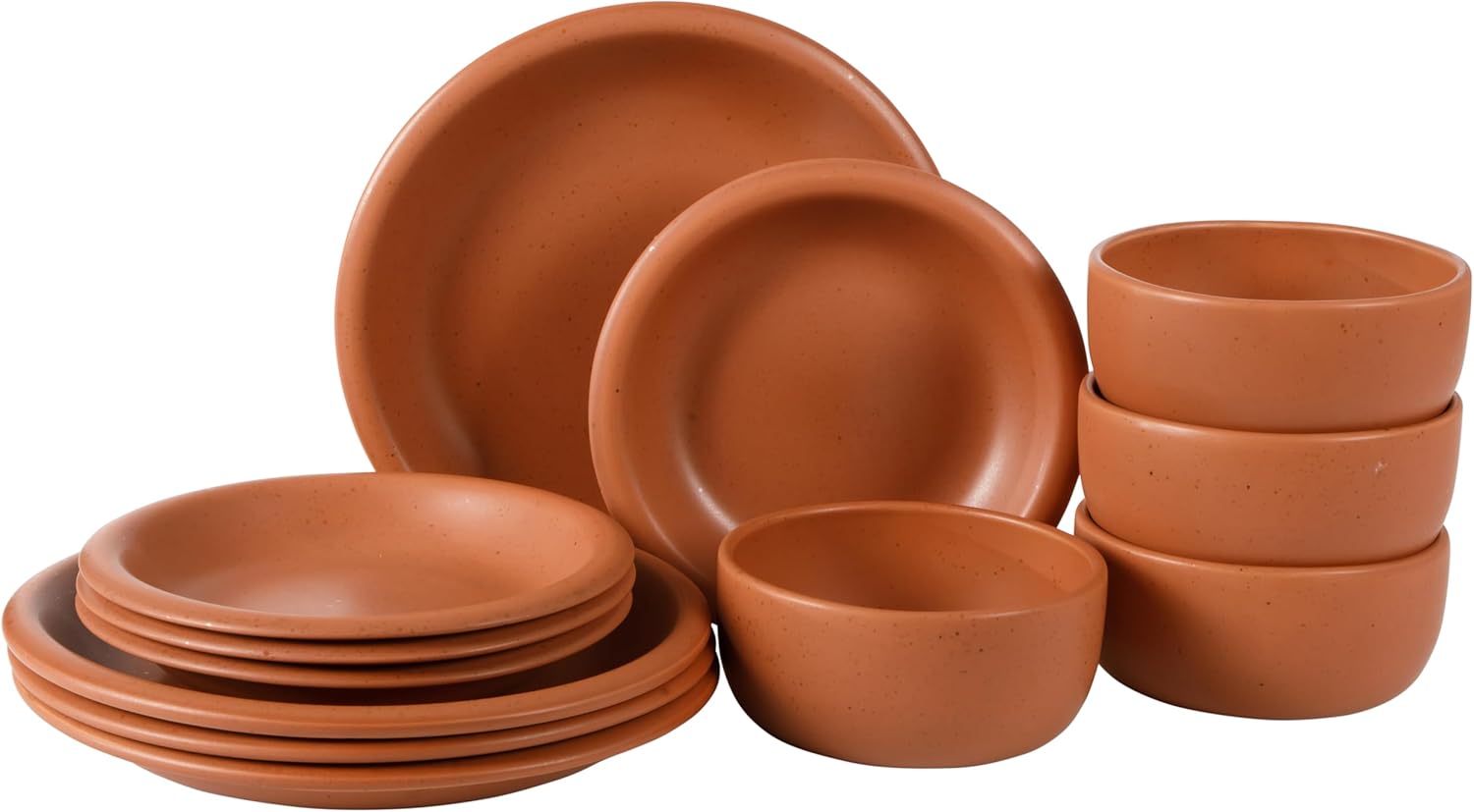 Oprah's Favorite Things - Corsica Clay 12 Piece Stoneware Rustic Reactive Glaze Dinnerware Set - Stackable Plates and Bowls Set. Service for 4 - Matte Burnt Apricot Terracotta
