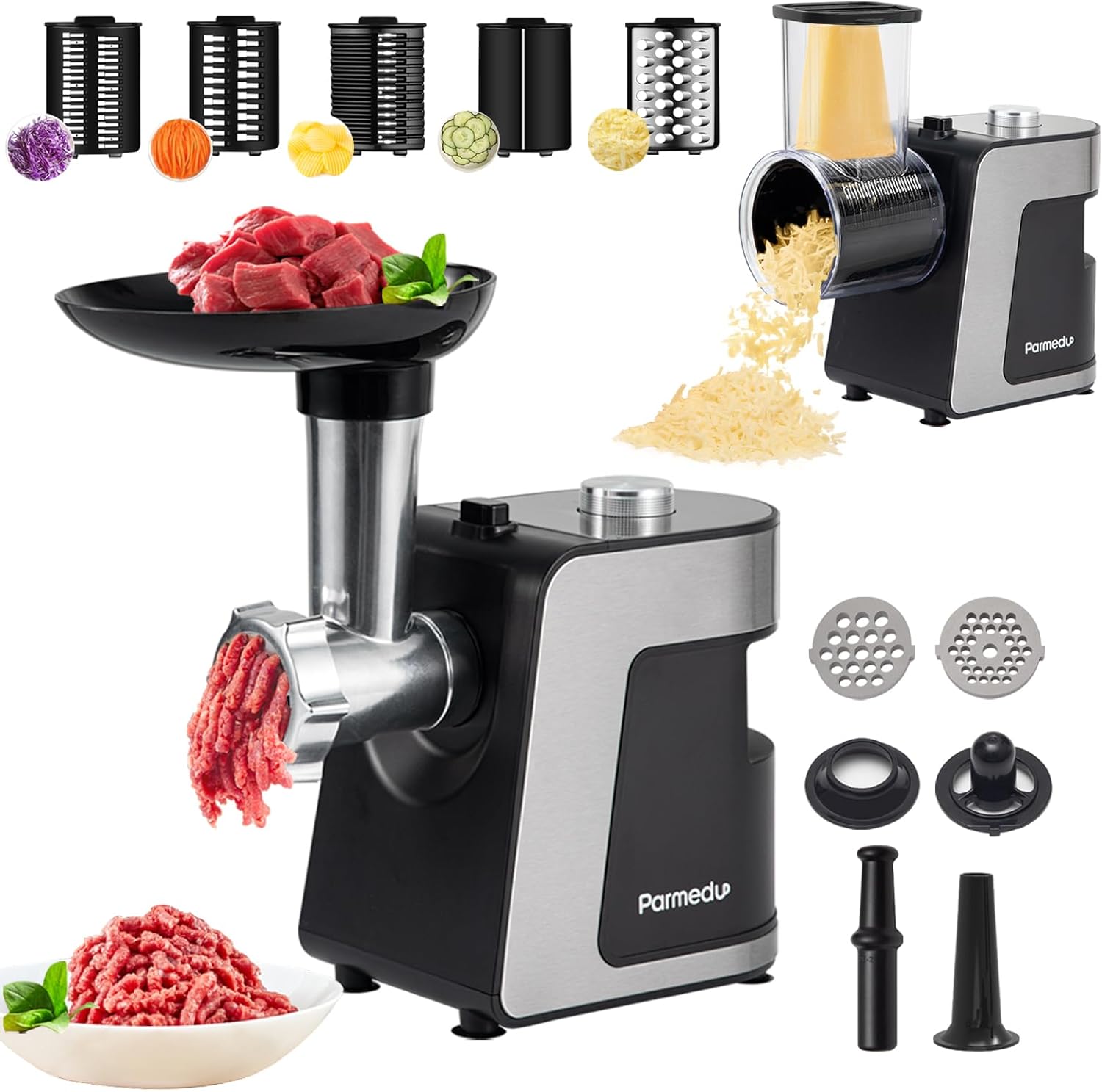 Parmedu Electric Cheese Grater & Meat Grinder: Electric Vegetable Cutter Electric Slicer Shredder Salad Maker - Professional Meat Mincer with 2 Plates, Sausage Maker & Kibbe Kit(Total 12 Attachments)