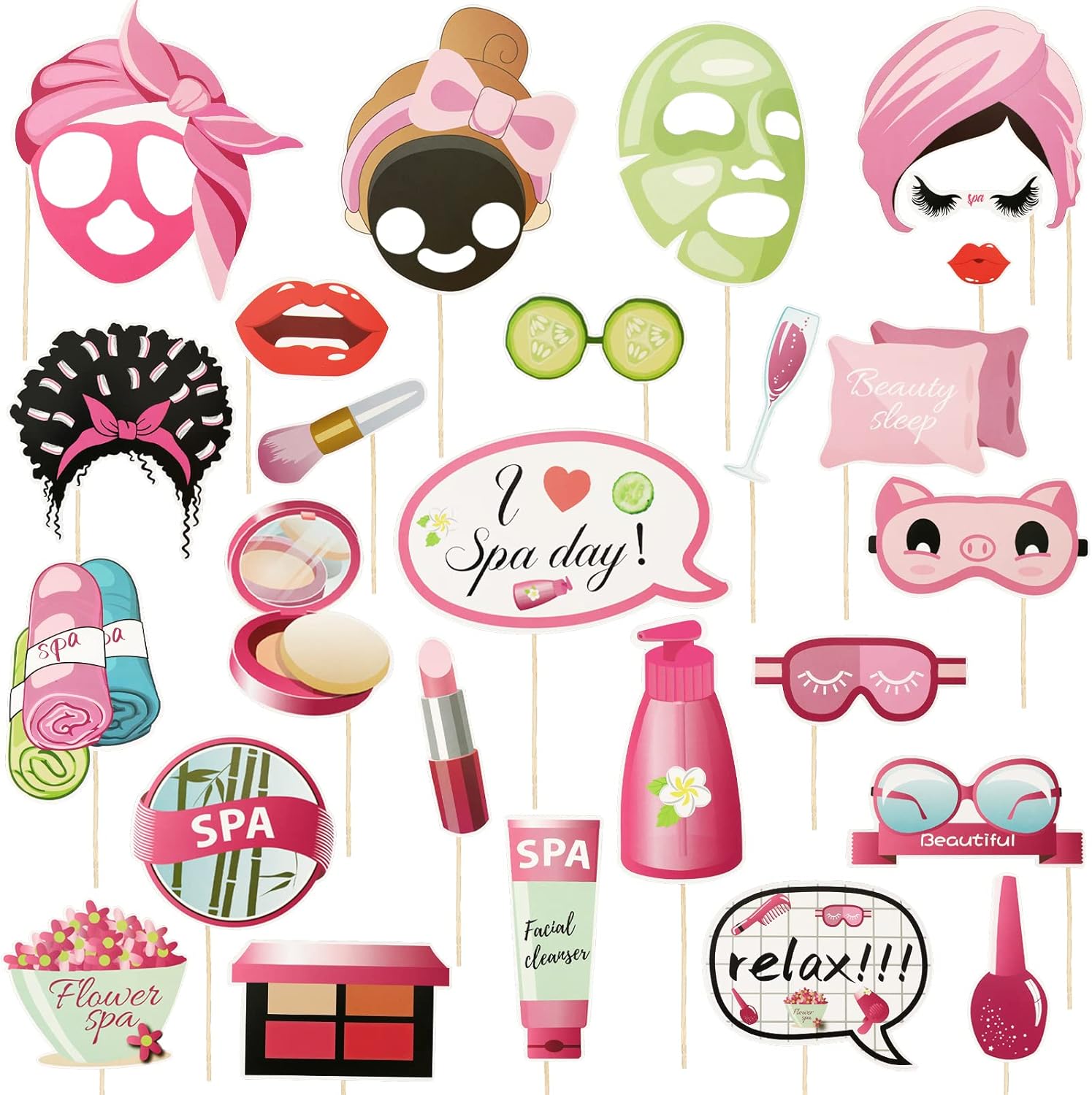 Konsait 26 PCS Spa Party Photo Booth Props, Kids Spa Party Supplies for Girls Women, Spa Party Decorations, Spa Birthday Party Supplies for Girls, Makeup Party Decorations, Slumber Party Supplies