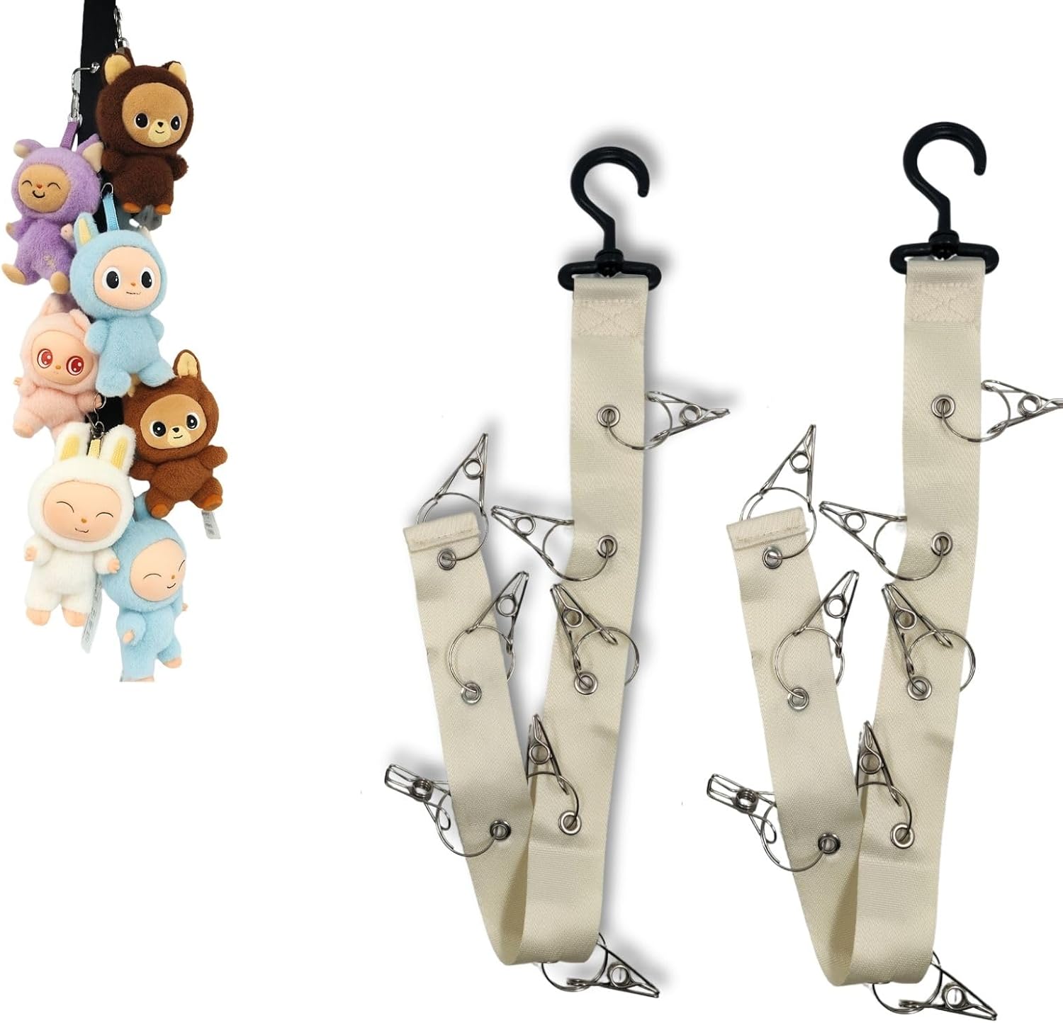 Juglok Plush Toy Display Strap for Labubu Dolls, Stuffed Animal Hanging Chain with 8 Clips, Wall & Over Door Organizer (No Dolls Included) (2-Pack White)