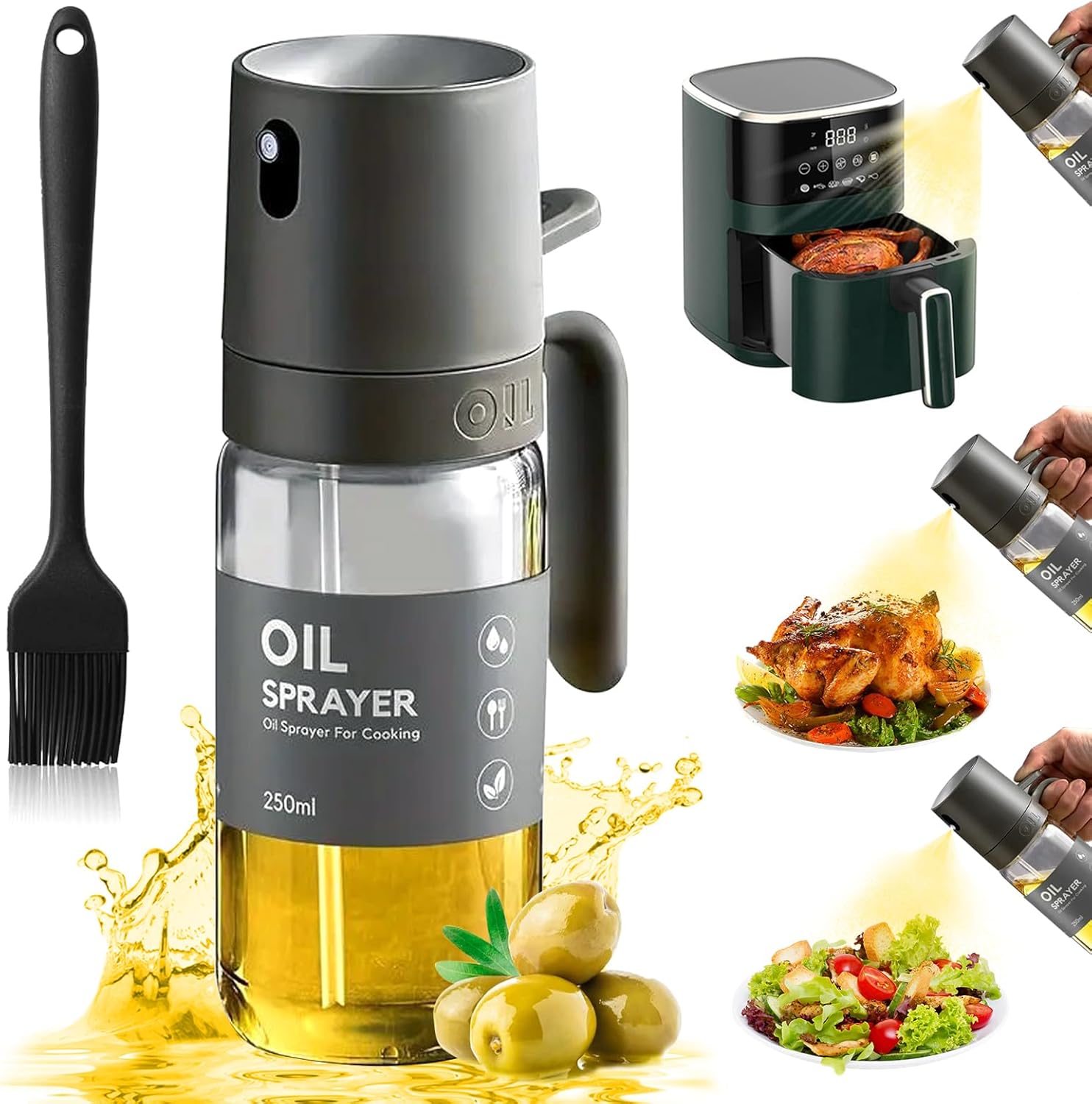 Fuwnvuwn Oil Spray Bottle, 250 ml Olive Oil Spray Bottle with Brush, Oil Sprayer for Cooking, Air Fryer, Salad, Frying, BBQ