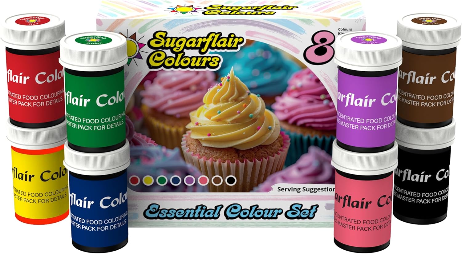 Sugarflair Essentials Food Colouring Paste Set, Highly Concentrated Food Colouring for Buttercream, Sugar Paste, Royal Icing, Cake Mixes and More! Vibrant Colour Food Dye - 8x 25g